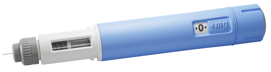 Injector / dosing pen  for subcutaneous injection of antidiabetic medication or anti-obesity medication on a transparent background.