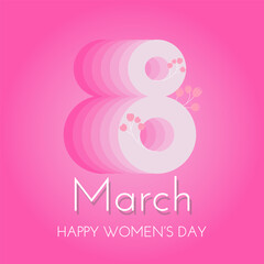 8 march Women's Day Banner. Flyer, banner, cover, social media number 8 with flowers, pink background. Vector illustration