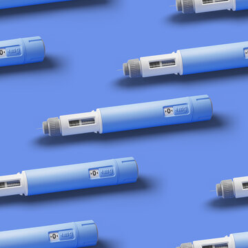 Seamless pattern of Injectors / dosing pens  for subcutaneous injection of antidiabetic medication or anti-obesity medication on blue background.