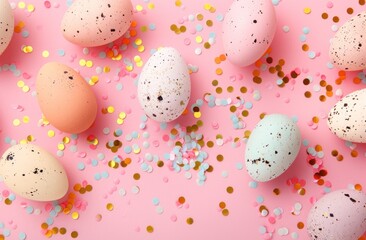 Fototapeta na wymiar colorful eggs and confetti set on a pink background