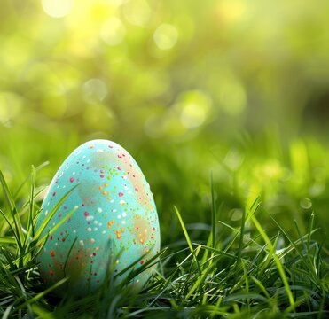 easter egg in the grass is decorated with colorful eggs