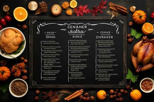 Thanksgiving menu chalkboard with a list of. Generative ai