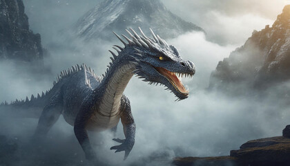 A realistic bad dark dragon in climbing a foggy mountain