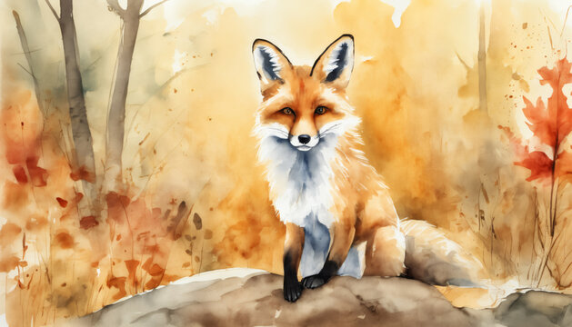 Watercolor Fox in Autumn Forest