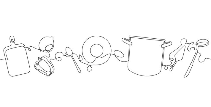 Illustration on culinary theme. Vector Pattern that repeat horizontally. Can be yused as element for restaurant, kitchen, cooking business advert in social media, website, banner, wall art, backgroud.