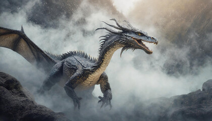 A realistic bad dark dragon in climbing a foggy mountain