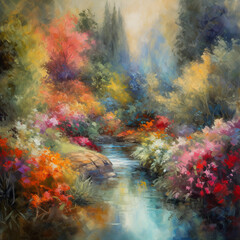 Oil painting: A vibrant beautiful garden with blooming flowers.