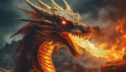 A realistic majestical dark dragon is spitting flames - obrazy, fototapety, plakaty