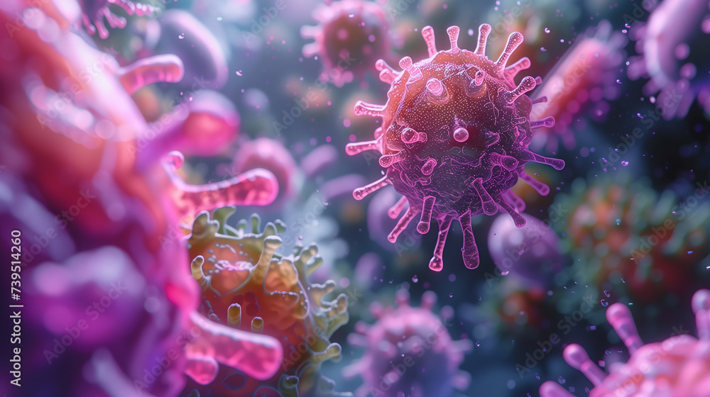 Poster peer into microscopic realm, where viruses and bacteria display intricate forms under microscope