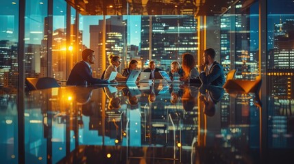 A group of people is seated around a table in a conference room, sharing smiles and engaging in a leisurely real estate event. AIG41 - obrazy, fototapety, plakaty