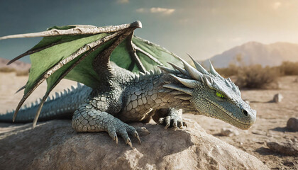 A realistic majestical green dragon is laying in the desert 