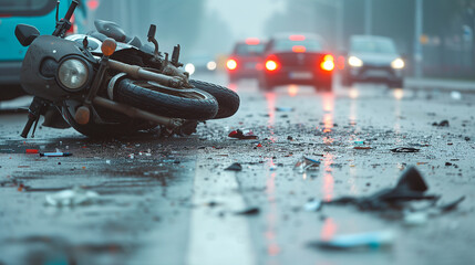 Traffic accident with motorcycle crashed laying on the street during wet weather. - obrazy, fototapety, plakaty