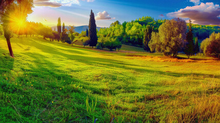 Fototapeta premium sunset over the field. Simple vibrant landscape of nature in the summer morning. Generative AI