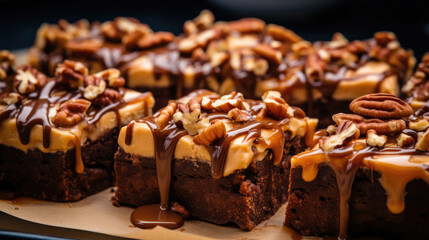 Pecan Brownies. Close-up look at luxurious nut brownies with caramel frosting. - obrazy, fototapety, plakaty
