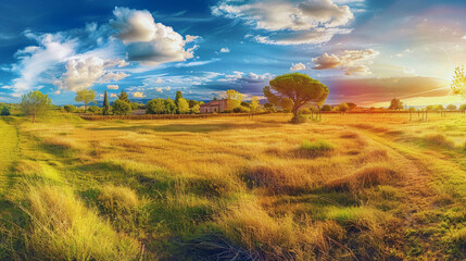 Obraz premium landscape with grass and blue sky. Simple vibrant landscape of nature in the summer morning. Generative AI