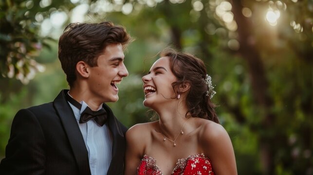 Outdoor portrait of a young couple dressed up for their high school prom and laughing together
