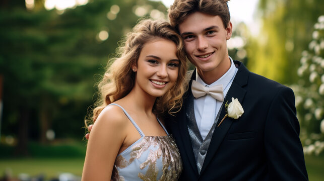 Outdoor portrait of a young couple dressed up for their high school prom