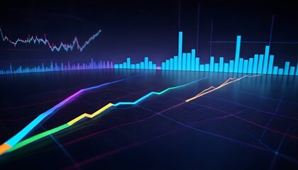 A holograph stock market graph with upward trending lines and bars on a dark background projection of financial graphs