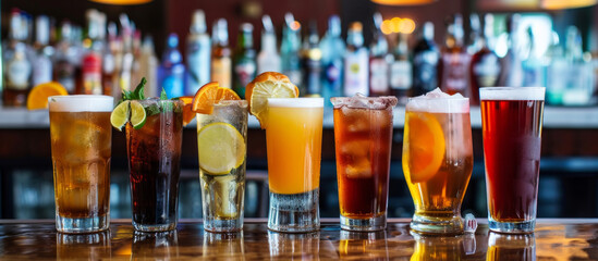 Assortment of alcoholic cocktail in glasses on a dark background, bar concept, alcoholic drinks at a party, advertising for a restaurant, A colorful range of refreshing cocktails with fruit, ice  - obrazy, fototapety, plakaty