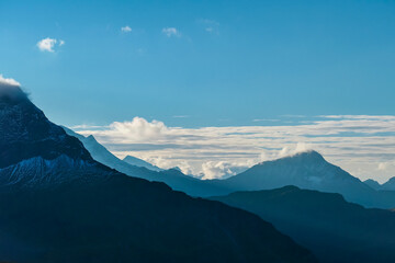 Panoramic sunset view of majestic mountain peaks in High Tauern National Park, Salzburg Carinthia...
