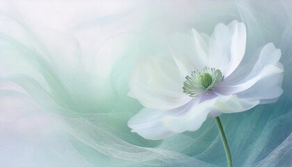 Biały kwiat, zawilec, zielone tło panoramiczne, puste miejsce - obrazy, fototapety, plakaty