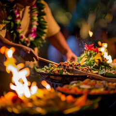Traditional Hawaiian Luau Feast with Vibrant Food and Flames