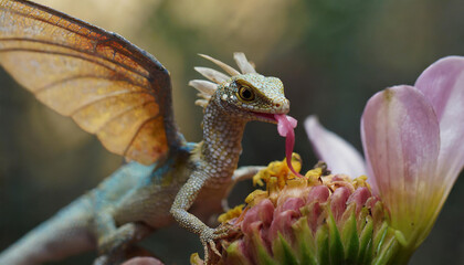 A realistic majestical little cute dragon is eating flower petals and nectar in the rain forest © pixs:sell
