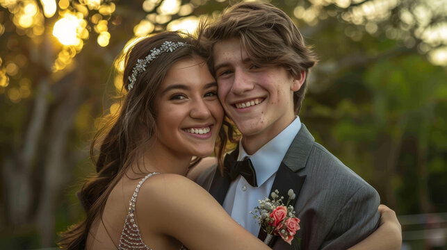 Outdoor portrait of a young couple dressed up for their high school prom