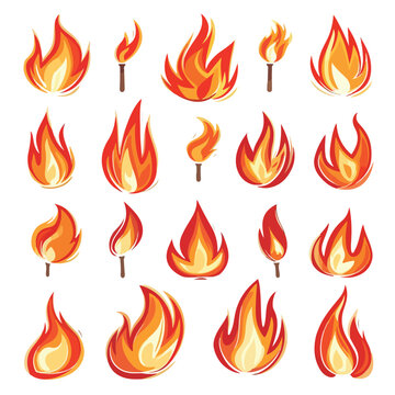 Fire flames set vector icons isolated White backg