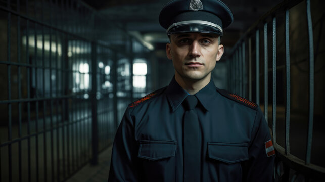 Prison guard portrait in uniform, blurred prison background