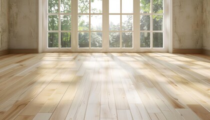 Spacious Room with Sunlight Through Large Windows and Wooden Flooring
