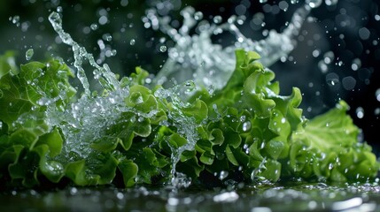 Fresh Green Lettuce Splashed with Water Droplets on Black Background