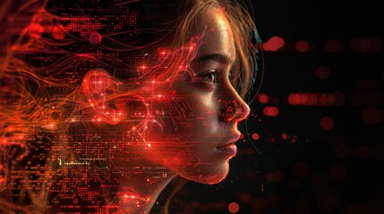 Digital Concept Art of Human Profile in Network and Data Streams