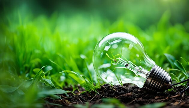 sustainability, renewable or sustainable energy concept - lightbulb against green nature reflecting environment concept, invention, develop, efficency and success. creative illustration. generative ai