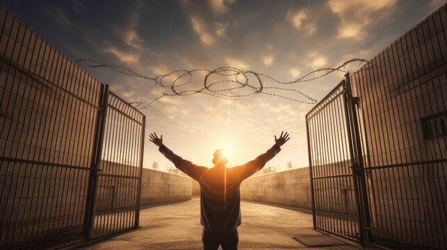 Prisoner being released from prison and greeting freedom with the open gates