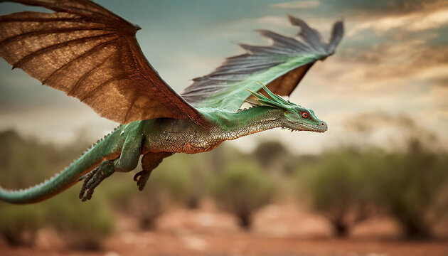 A realistic green orange dragon in the outback of australia