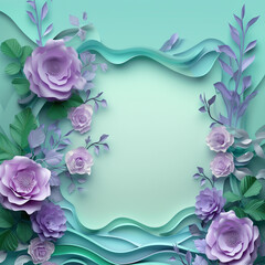 Spring background with copy space. Frame of Paper Flowers and green leaves composition. Postcart template for mother / women day pastel mint lavender colors