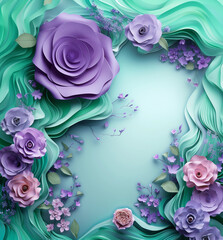 Spring background with copy space. Frame of Paper Flowers and green leaves composition. Postcart template for mother / women day pastel mint lavender colors