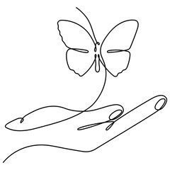 Flying butterfly in hand continuous one line drawing. Vector hand drawn illustration isolated on white background.