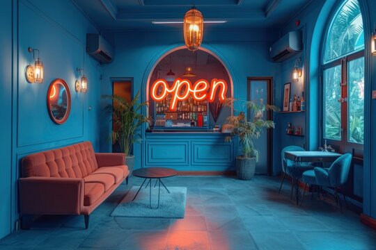 blue neon sign "open" on minimal wall of clasic minimal interior of office