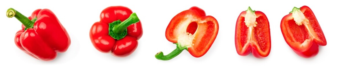 red sweet bell pepper with cut slices isolated on white background. clipping path