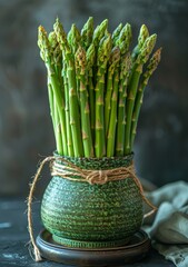 Fresh Green Asparagus Tied with Twine in Rustic Ceramic Vase
