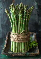 Artfully Presented Asparagus Tied with Twine on Vintage Tray