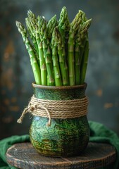 Bundle of Fresh Green Asparagus Tied with Twine on Rustic Surface