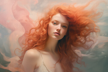 Ethereal Beauty: A Woman with Flowing Red Hair Amidst Clouds