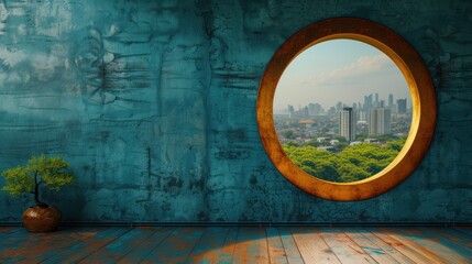 Blue wall with golden keyhole window and city view