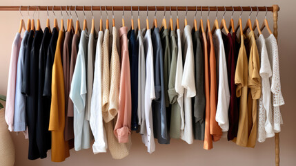 Wardrobe organization. Hanger with fashionable outfits