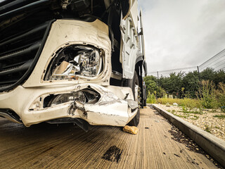 The lorry crashed windshield. Broken truck. Lorry after the accident