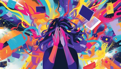 Illustration depicting a woman overwhelmed by work stress and burnout due to information overload in modern technology - obrazy, fototapety, plakaty