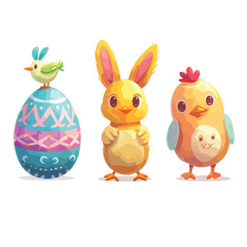 Happy Easter Egg Set. Painted Eggs Bunny and Chic